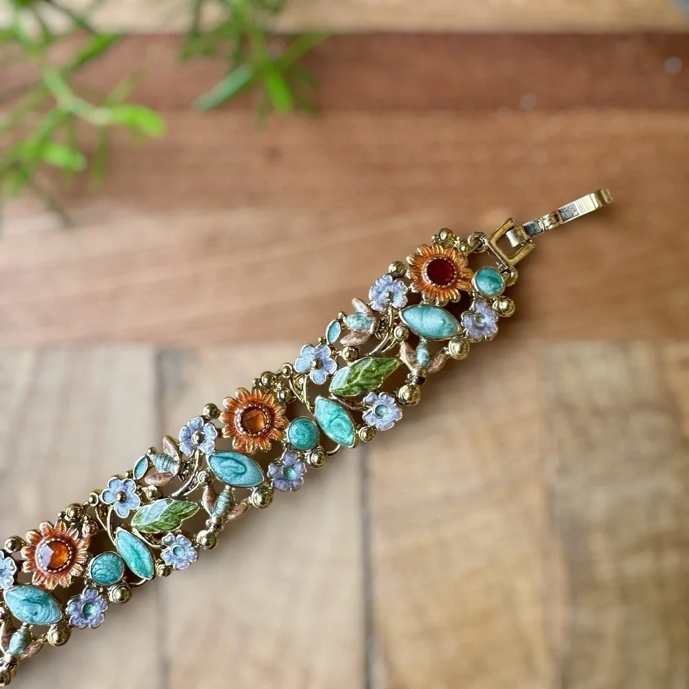 VTG Liz Claiborne Bracelet 7 Inch Jewelry Floral Bee Enamel Wide Multi Color New